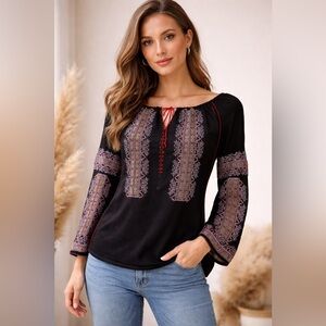 DKNY Beaded & Embroidered Silk Boho Peasant Blouse Festival Top, Flare Sleeves